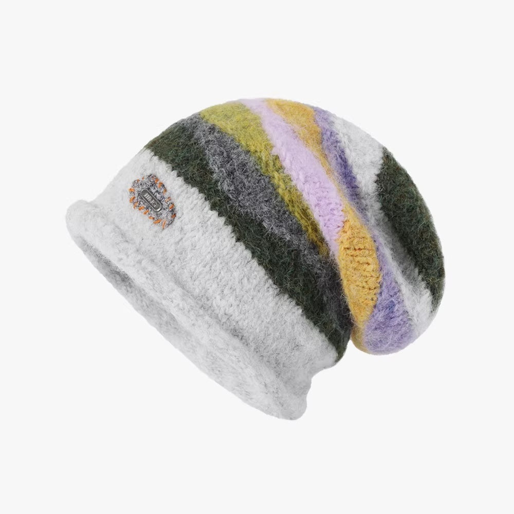 Retro Striped Color-blocked Rolled-up Knit Beanie