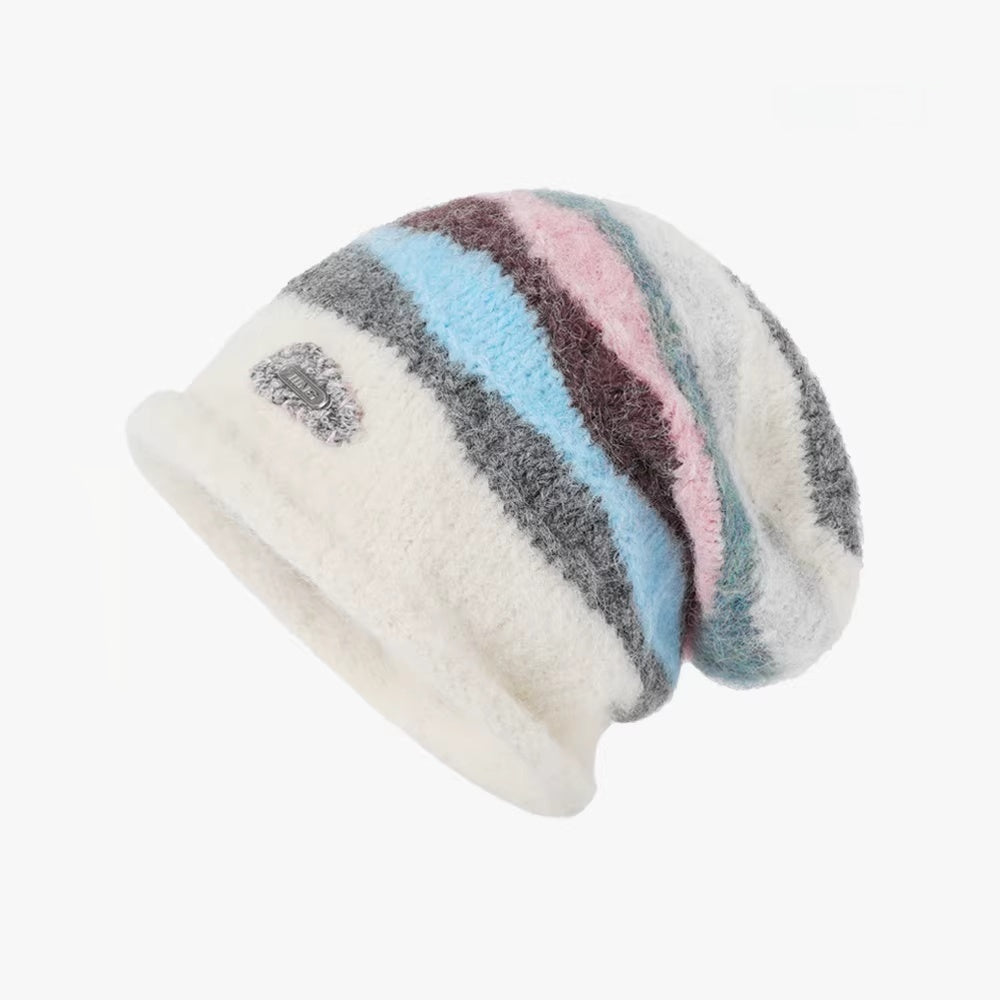 Retro Striped Color-blocked Rolled-up Knit Beanie
