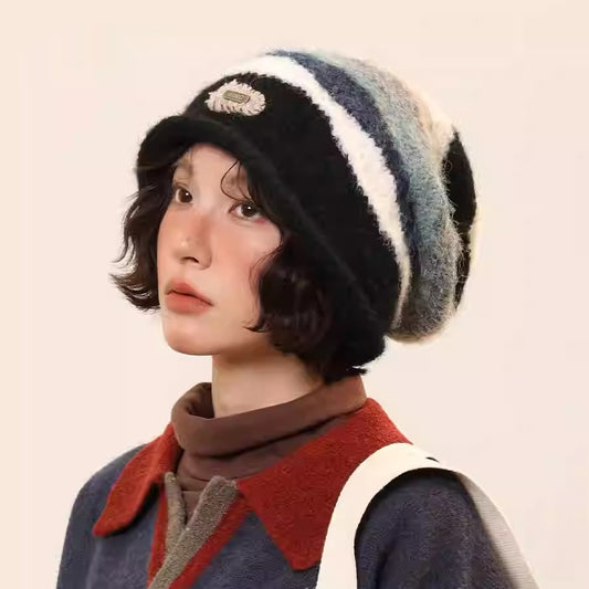 Retro Striped Color-blocked Rolled-up Knit Beanie