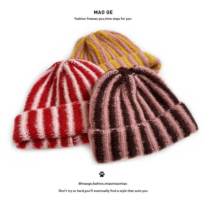 Cat Brothers New Stylish Contrast-color Striped Knit Beaniefashionable Color-blocked, And Warm For Boys And Girls In Fall And Winter