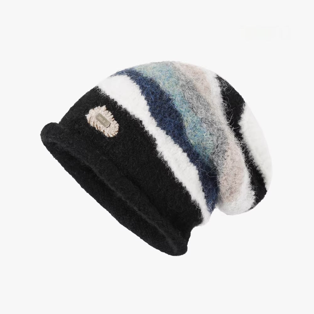 Retro Striped Color-blocked Rolled-up Knit Beanie